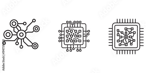 Set of technology icons representing neural networks and computer chips for digital innovation