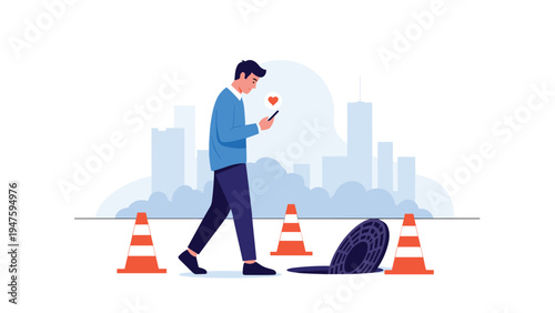 Young man walking while focused on his smartphone is about to step into an open manhole, illustrating the dangers of digital distraction.