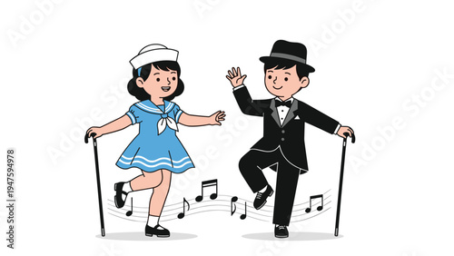 Cute boy and girl in formal and sailor-style costumes enjoy a lively tap dance performance accompanied by floating musical notes.