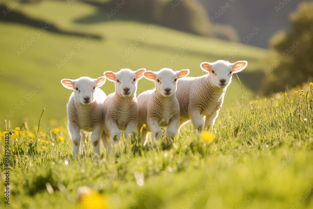 Fototapeta premium Spring lambs run in the countryside of Brecon Beacons National Park under bright sunshine