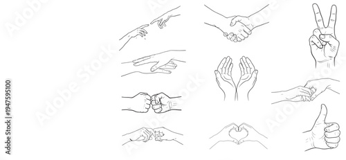 Versatile Hand Gestures Line Art: Minimalist collection of pinky swear, heart, fist bump, holding, cradling, handshake, peace, thumbs up. Perfect for conveying connection, emotion & communication