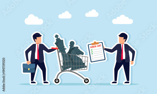 Businessman pushing trolley full of chess pawns while another businessman carrying checklist document illustration of business strategy management audit