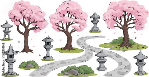 Japanese Garden Elements Vector Set with Pink Cherry Blossom Trees, Stone Lanterns, and Winding Path for Asian Landscape Design, Zen Park, or Springtime Nature Scene