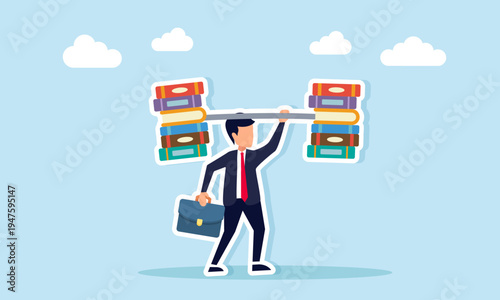 Businessman lifting barbell made of stacked books illustration of strength and ability in applying business knowledge and professional expertise
