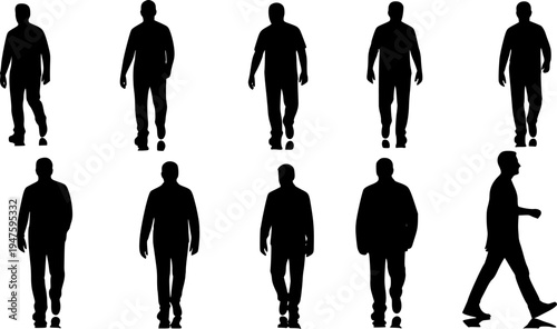 Set of manhood walking silhouettes - isolated vector illustration
