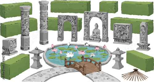 Set of 20 detailed vector garden elements including stone pillars, arches, Buddha statue, lotus pond, wooden bridge, and green hedges, perfect for landscape design and architectural