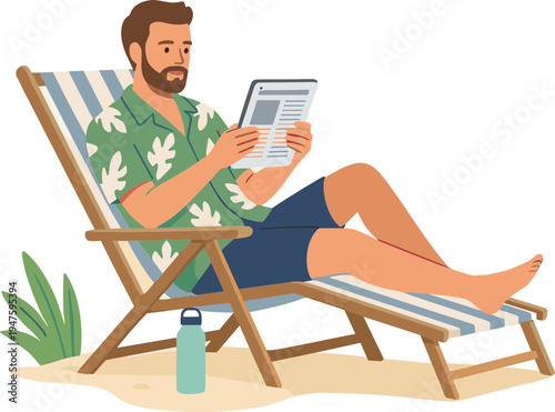 Man relaxing on beach chair reading tablet on sandy shore