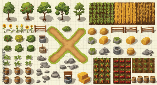 Isometric farm village builder game asset vector set with trees, crops, bushes, fences, hay bales, stones, and well elements for creating detailed agricultural landscapes and rural scenes on a