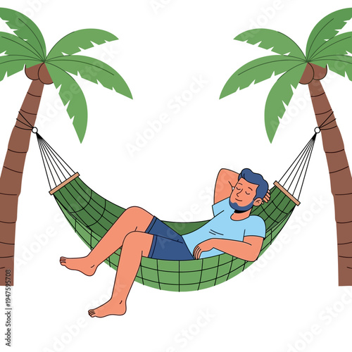A man relaxes peacefully in a green hammock between two palm trees