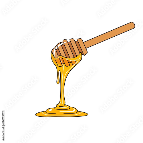 A wooden honey dipper dripping with golden viscous honey