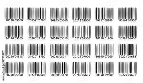 Fake barcode sticker set with random vertical code lines isolated retail label vector collection