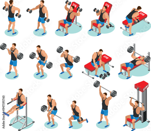 Personal trainer guiding gym session with physical exercises. Individual fitness instructor, sports workout. Professional coach supervision. Fitness training, health exercise