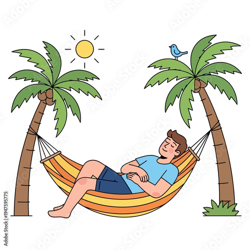 A man relaxes in a colorful hammock between two palm trees