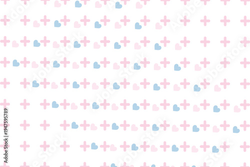 A delicate pattern of pastel pink crosses and blue hearts on a white background