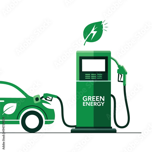 Electric vehicle charging at a green energy station with a leaf symbol