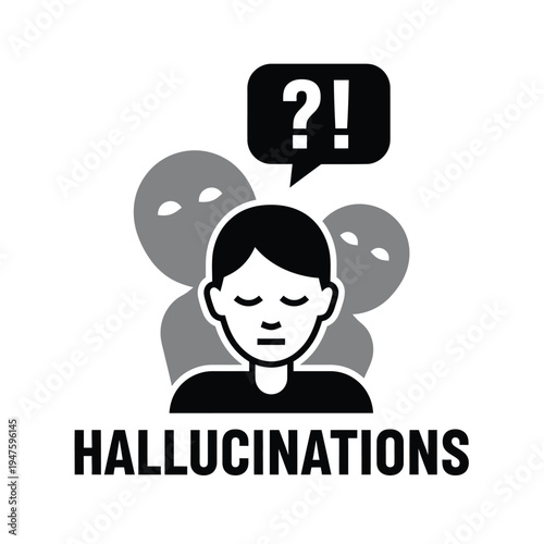 A grayscale illustration depicts a person with a troubled expression surrounded by shadowy figures and a speech bubble with a question mark high quality