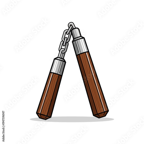 Cartoon illustration of a pair of wooden nunchucks with metal fittings