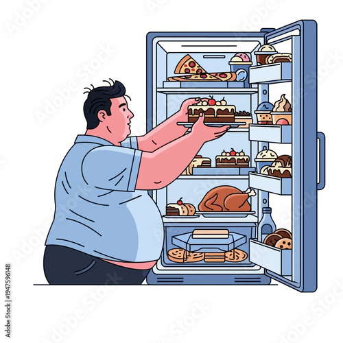 A man reaching into a fully stocked refrigerator filled with tempting desserts