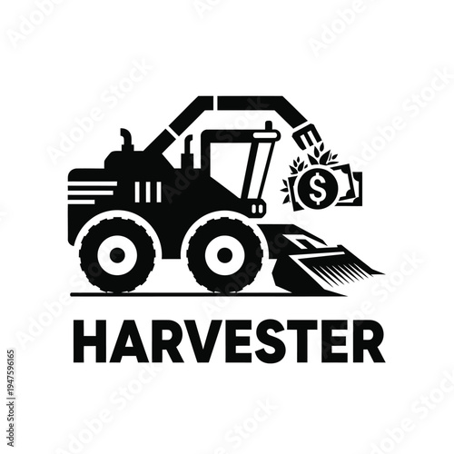 A black silhouette depicts a combine harvester collecting money and dollar signs symbolizing agricultural profits and economic harvest high quality professional detailed modern elegant