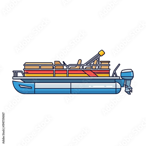 Colorful pontoon boat illustration with outboard motor and seating area