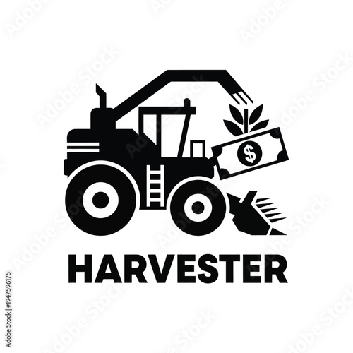A black silhouette depicts a combine harvester collecting money instead of crops symbolizing agricultural economics and profit high quality professional detailed modern elegant stylish
