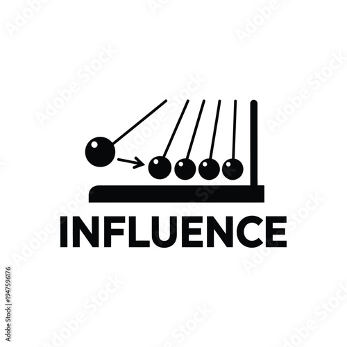 A simplistic black and white graphic depicts newton s cradle with a visible impact alongside the bold word influence high quality professional detailed modern elegant stylish clean