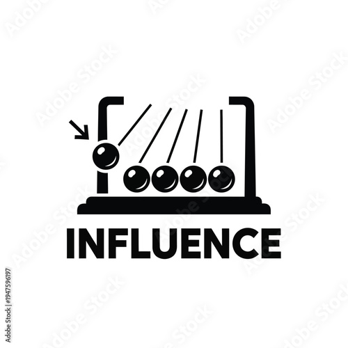 A simple black and white graphic depicts newton s cradle with one sphere in motion and the word influence below it high quality professional detailed