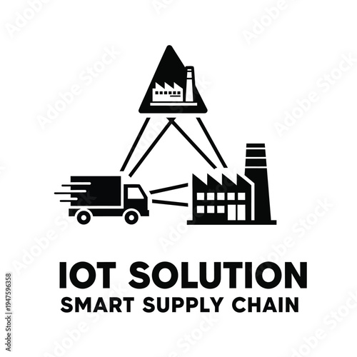 A black and white graphic depicts a logistics network illustrating the concept of iot solutions for a smart supply chain high quality professional detailed modern elegant