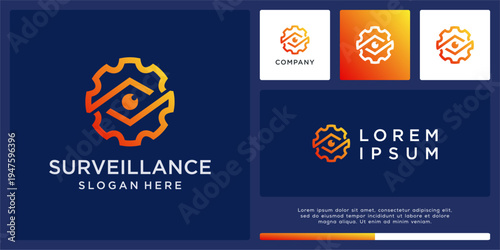 Surveillance logo design template with eye and gear