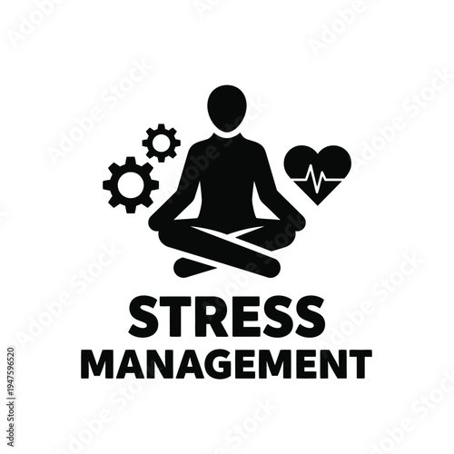 A minimalist black silhouette depicts a meditating person with gears and a heart monitor illustrating stress management concepts high quality professional detailed modern elegant