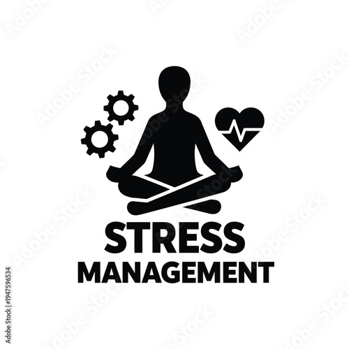 A silhouetted figure meditates in the lotus position surrounded by icons representing gears a heart with an ekg line and the text