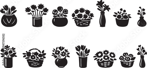 floral arrangement bouquet vase silhouette icon set black white vector collection