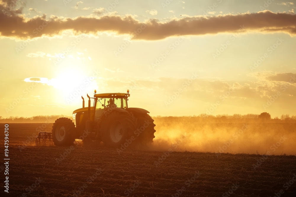 Obraz premium Tractor works on farm field at sunset in wide open space with warm colors in the sky