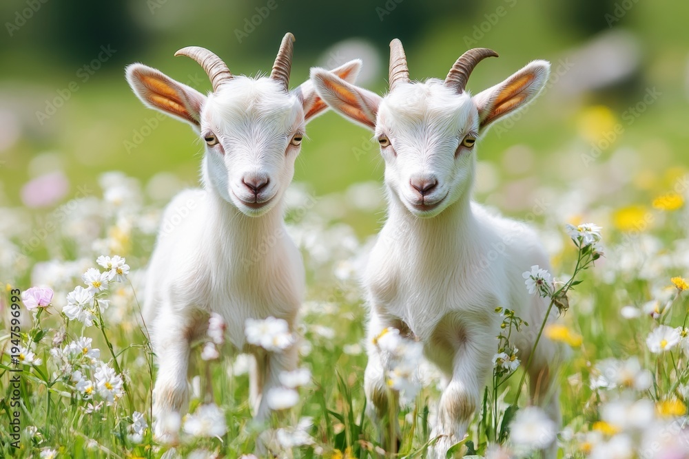 Obraz premium Two baby goats play in a field with flowers during a sunny day on a farm