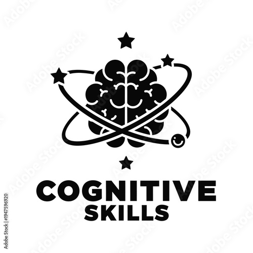 A stylized black illustration depicts a brain encircled by orbital paths and stars accompanied by the text cognitive skills high quality professional detailed modern