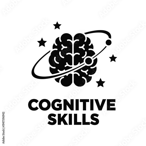 A stylized black illustration depicts a human brain encircled by an orbital path with stars alongside the text cognitive skills high quality professional detailed