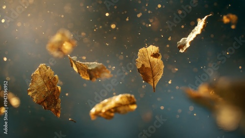 Golden Autumn Leaves Floating in Magic Light