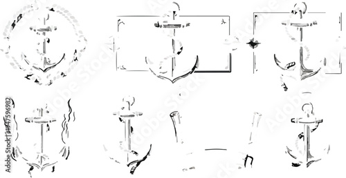 Set of 6 nautical anchor vector illustrations, featuring various detailed ship anchors in a vintage, hand-drawn sketch style, ideal for maritime themes, logos, and branding.