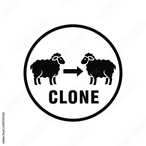 A black and white graphic depicts two sheep facing each other with an arrow between them alongside the word clone high quality professional detailed modern elegant