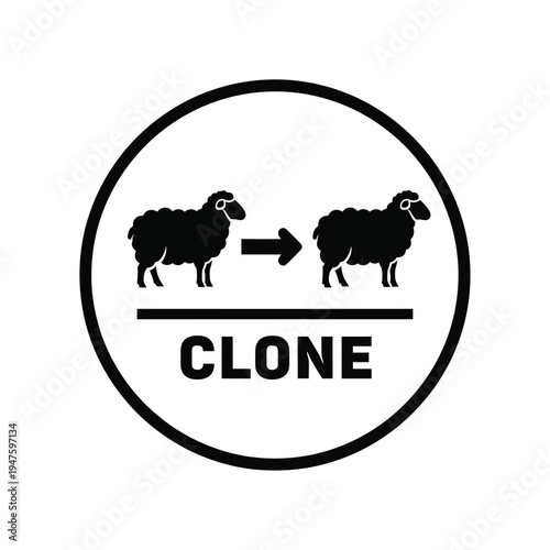 A black and white circular graphic depicts two sheep facing each other with an arrow and the word clone below high quality professional detailed