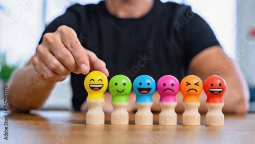 Hand holding colorful wooden emotion faces with happy sad angry expressions on wooden table for psychology communication concept