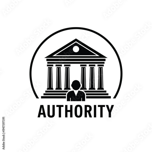 A striking black and white emblem features a classical building facade with columns a person and the word authority below high quality professional detailed modern elegant