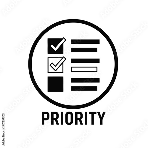 A black and white graphic depicts a checklist within a circle emphasizing task completion and the concept of priority high quality professional detailed modern