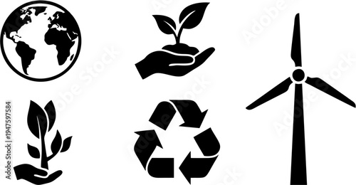 A versatile set of vector icons symbolizing global environmental sustainability, featuring concepts of ecological growth, renewable energy, earth protection, and efficient recycling efforts