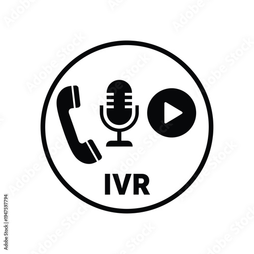 A circular black and white icon depicts a telephone handset microphone play button and the letters ivr inside high quality professional detailed modern elegant stylish clean