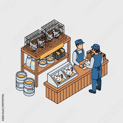 Isometric view of a poultry shop with staff, chickens, and various products.