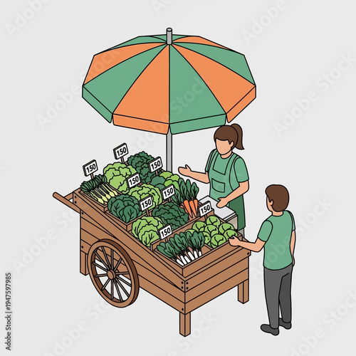 A vendor selling fresh vegetables from a wooden cart under an umbrella to a customer.