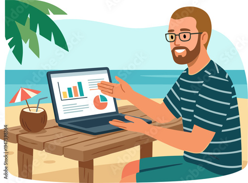Man working on laptop at beach shows graphs to someone
