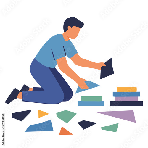 A man is arranging puzzle pieces and books on the floor indoors.
