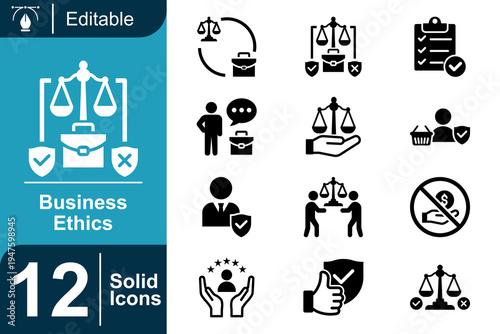 Business ethics icon set. Corporate responsibility policy, ethical leadership concept, compliance regulation practice, business integrity management, fair trade conduct and more. Solid vector icons co